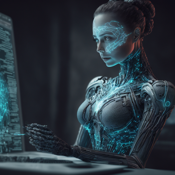 robot web designer creating hologram